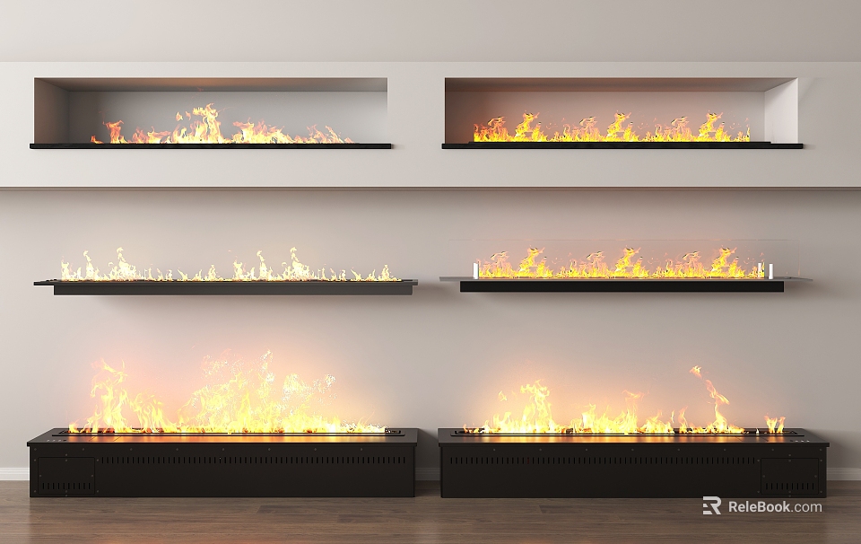 Modern Fireplace Designs With Flaming Effects On Wall 3d model 