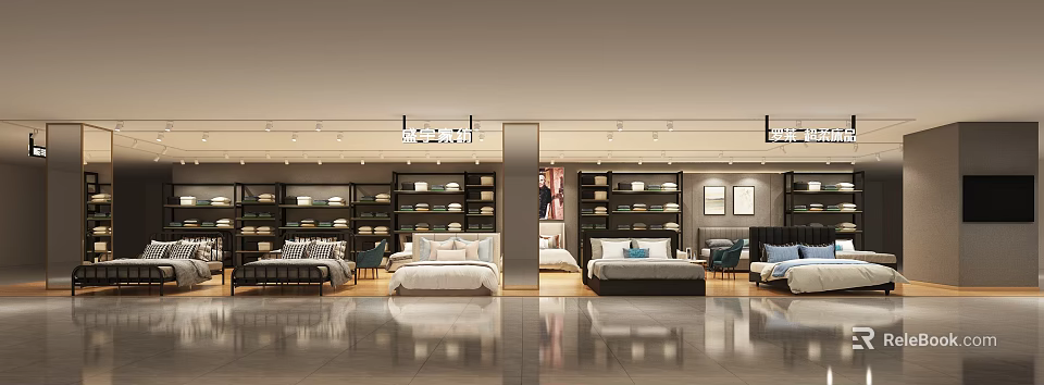 Modern Home Furniture Store Interior Featuring Stylish Beds Sofas And Display Shelves 3d model 