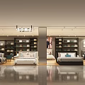 Modern Home Furniture Store Interior Featuring Stylish Beds Sofas And Display Shelves