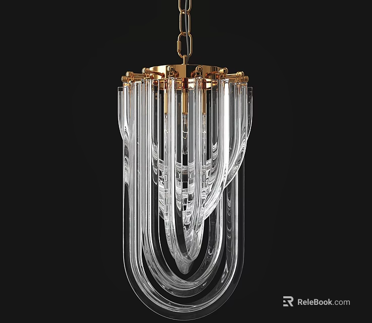 Unique Shaped Glass Chandelier With Golden Accents And Cascading Transparent Elements 3d model 