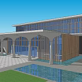 Modern Sales Office Building With Unique Roof Structure Lattice Decor And Water Feature