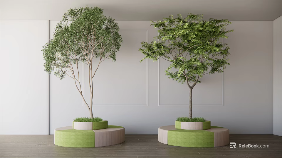 Green Beige Circular Tree Planter With Two Trees In Indoor White Wall Space 3d model 