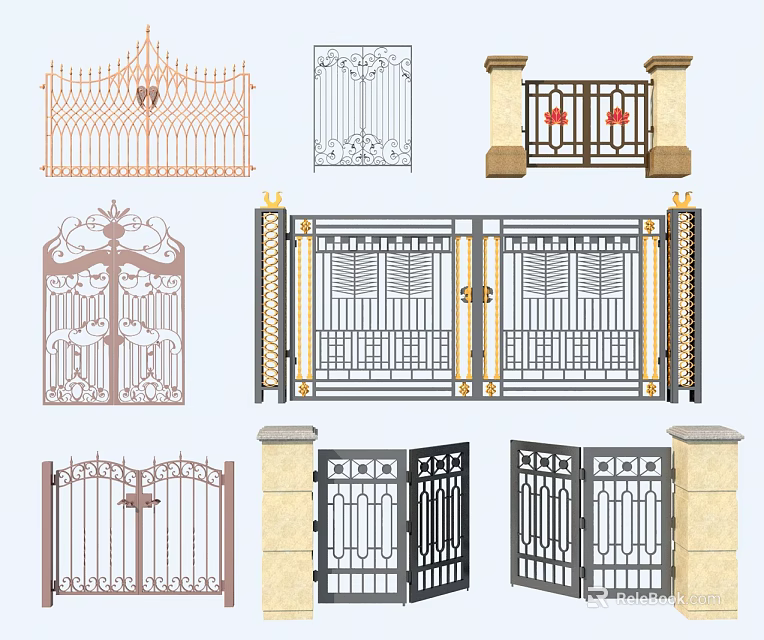 Architectural Exterior Wrought Iron Gates With Ornate Designs And Metal Railings 3d model 