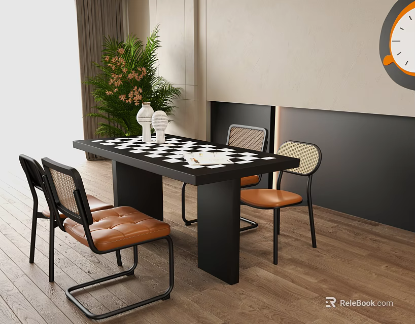 Contemporary Dining Table Set Featuring Checkerboard Top Brown Leather Seats and Wall Clock 3d model 