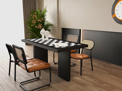 Contemporary Dining Table Set Featuring Checkerboard Top Brown Leather Seats and Wall Clock 3d model