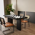 Contemporary Dining Table Set Featuring Checkerboard Top Brown Leather Seats and Wall Clock 3d model