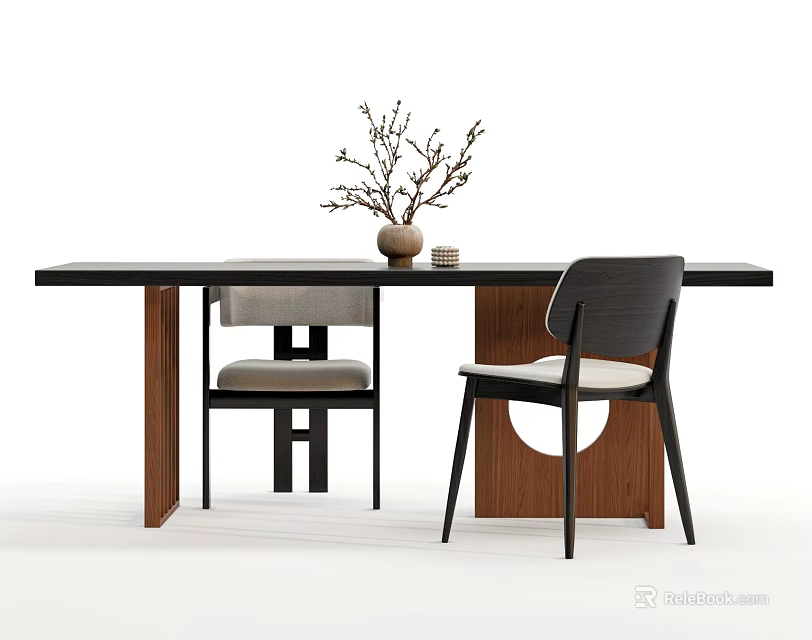Minimalist Table and Chair Set with Black Tabletop Wooden Legs Gray Cushions and Branch Decor 3d model 