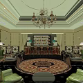 Elegant Bar Interior With Chandelier Bar Counter Green Sofas And Round Rug