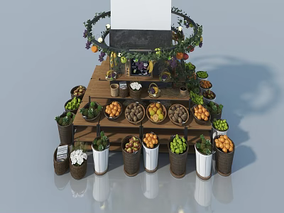 Multi tiered Fruit Vegetable Display Stand With Wreath Decor And Assorted Produce Baskets 3d model