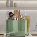 Green Kitchen Utensil Organizer Wooden Lid Holding Pots Spice Jars Cutlery Near Cutting Board Knife