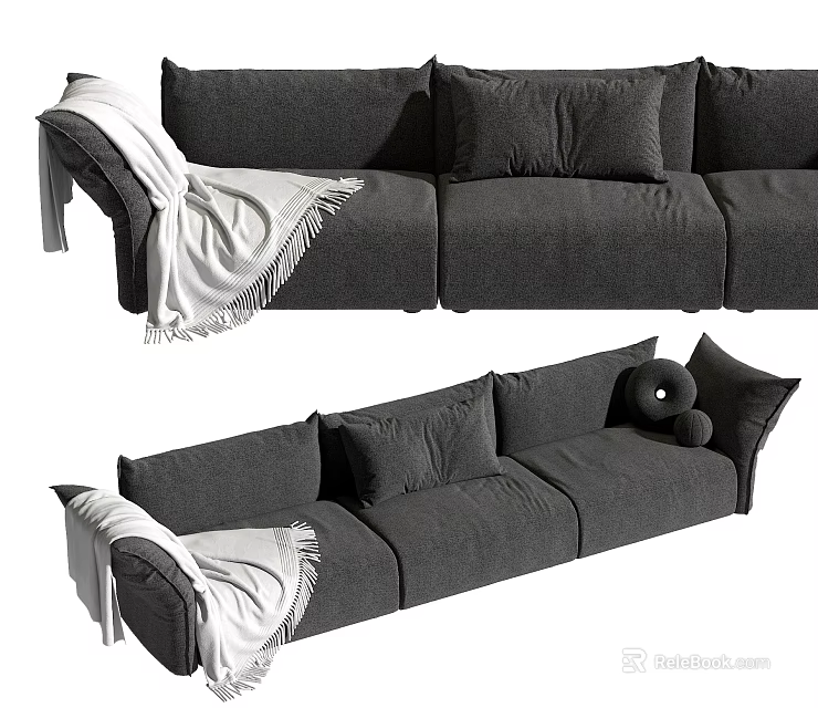 Modern Gray Three Seater Sofa With Soft Throw Pillows And White Throw Blanket 3d model