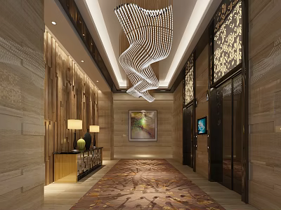 Modern Shop Front Desk Interior Featuring Artistic Chandelier Decorative Painting And Patterned Carpet 3d model