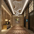 Modern Shop Front Desk Interior Featuring Artistic Chandelier Decorative Painting And Patterned Carpet