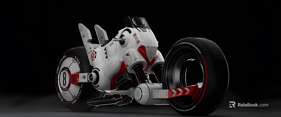 Futuristic White And Red Motorcycle With Mechanical Design And Large Wheels 3d model 