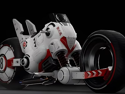 Futuristic White And Red Motorcycle With Mechanical Design And Large Wheels 3d model