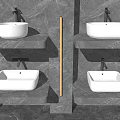Modern Bathroom With Wall Mounted White Washbasins On Stone Shelves And LED Lighting
