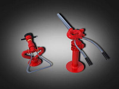 Two Red Fire Equipment Units With Hoses Handles And Metal Stands 3d model