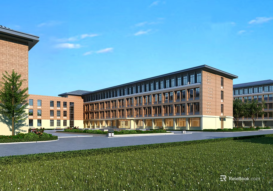 Modern School Building With Red Brick Exterior Large Glass Windows And Green Lawn 3d model 