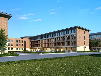 Modern School Building With Red Brick Exterior Large Glass Windows And Green Lawn 3d model