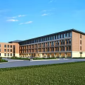 Modern School Building With Red Brick Exterior Large Glass Windows And Green Lawn