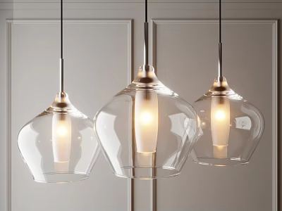 Three Modern Transparent Glass Pendant Lights With Metallic Accents Illuminated In Interior 3d model