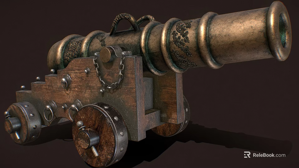 Antique Brass Cannon With Wooden Carriage Detailed Engraved Patterns And Metal Wheels 3d model 