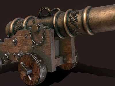 Antique Brass Cannon With Wooden Carriage Detailed Engraved Patterns And Metal Wheels 3d model