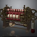 Vintage Mechanical Machine With Red And White Striped Rollers Brass Components And Glass Bottle