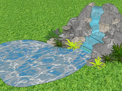 Decorative Garden Ornament With Green Grass Water Pool Rockery Small Waterfall And Plants 3d model