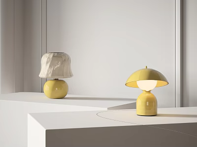 Two Minimalist Table Lamps With Beige And Yellow Shades Yellow Bases On White Display Stands 3d model