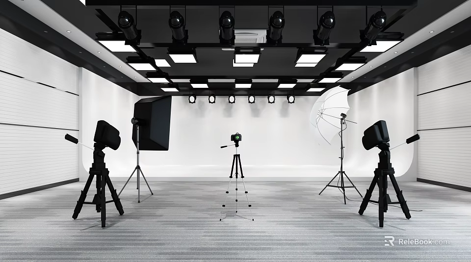Professional Photography Studio Setup With Lights Tripods Reflectors And White Backdrop 3d model 