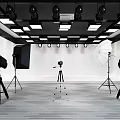 Professional Photography Studio Setup With Lights Tripods Reflectors And White Backdrop