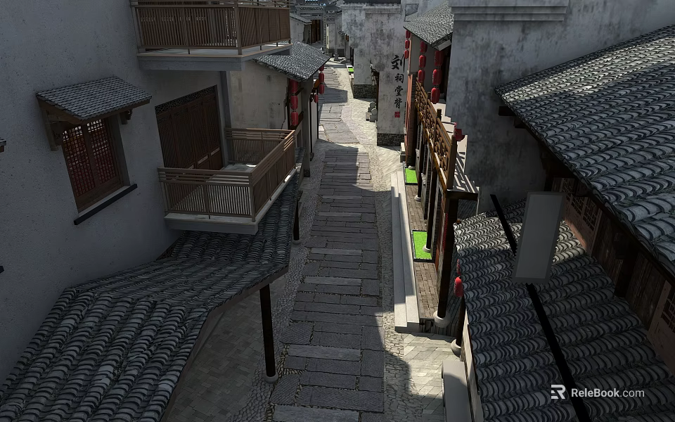Traditional Commercial Street With Stone Paved Path Ancient Architecture And Shop Signs 3d model 