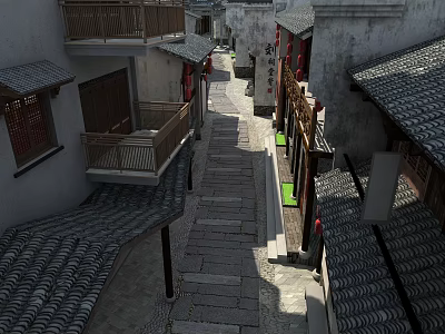 Traditional Commercial Street With Stone Paved Path Ancient Architecture And Shop Signs 3d model
