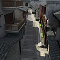 Traditional Commercial Street With Stone Paved Path Ancient Architecture And Shop Signs