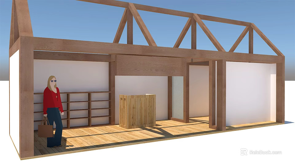 Wooden Interior Space With Beams Bookshelves Cabinet And Person In Red Top 3d model 