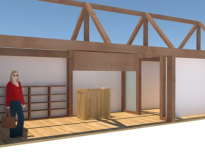 Wooden Interior Space With Beams Bookshelves Cabinet And Person In Red Top 3d model