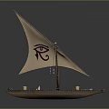 Traditional Wooden Water Vessel With Sail Featuring Red Eye Symbol and Small Candle Holders
