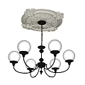 Classic Chandelier With Spherical White Shades And Black Metal Frame Ceiling Medallion