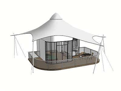 Modern Campsite With White Canopy Tent Glass Walls Wooden Deck And Relaxation Area 3d model