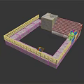 Traditional Square Building Structure with Water Pool Stone Walls Steps and Flower Pot