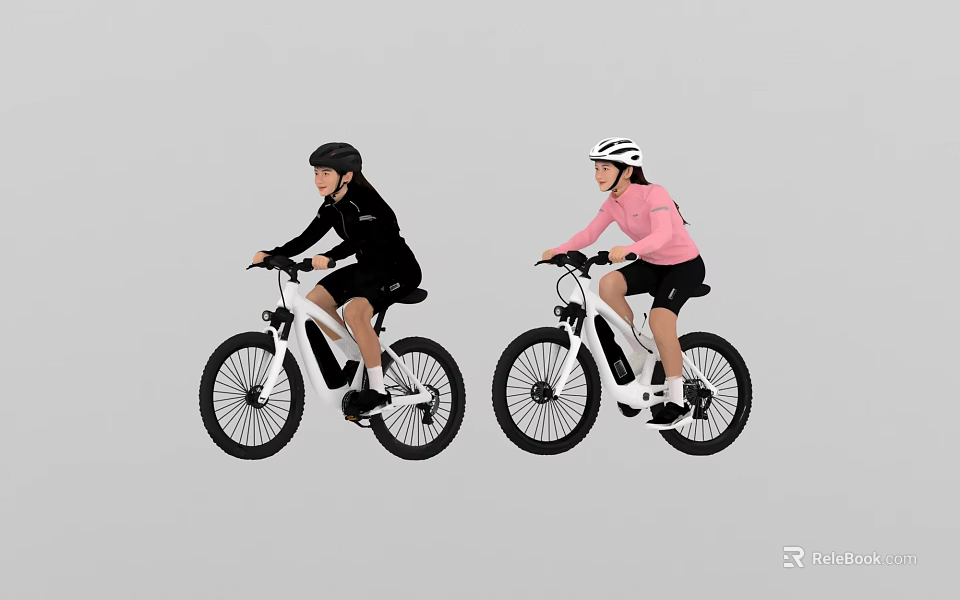 Two People Riding White Bicycles Wearing Black And Pink Outfits With Helmets 3d model 