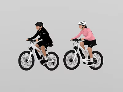 Two People Riding White Bicycles Wearing Black And Pink Outfits With Helmets 3d model