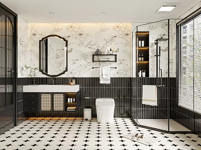 Stylish Bathroom Interior With Floral Wallpaper Round Mirror Vanity Shower And Black White Tile Floor 3d model