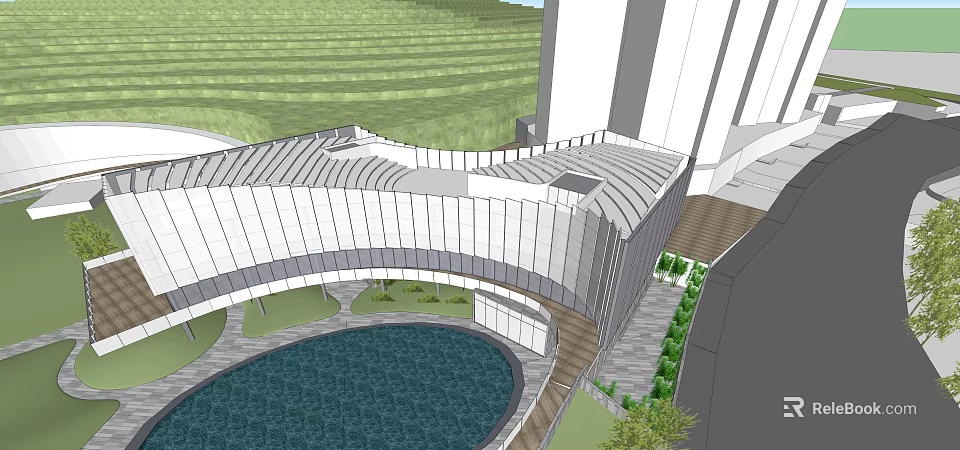 Modern Sales Office Building With Curved Glass Facade Central Pond And Green Lawn 3d model 