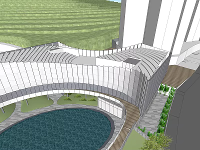 Modern Sales Office Building With Curved Glass Facade Central Pond And Green Lawn 3d model