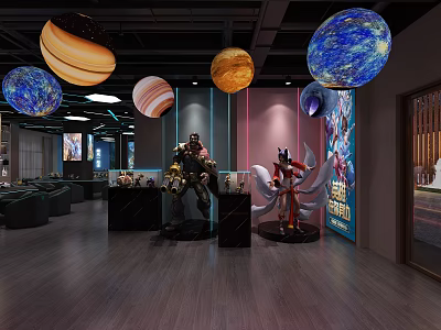 Interior Space With Hanging Planet Models Statues Of Characters Colorful Lights And Display Cabinets 3d model