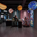 Interior Space With Hanging Planet Models Statues Of Characters Colorful Lights And Display Cabinets