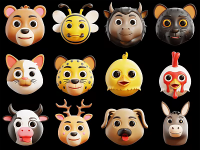 Cute Reptile Cartoon Head Illustrations With Different Animal Features 3d model