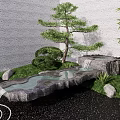 Karesansui Zen Garden With Pine Tree Rocks Waterfall Green Moss And Gray Wall